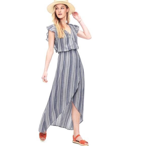 New Splendid Chambray Multi Striped Tulip Sleeve Maxi Dress $198 Size Small Blue - Picture 1 of 4